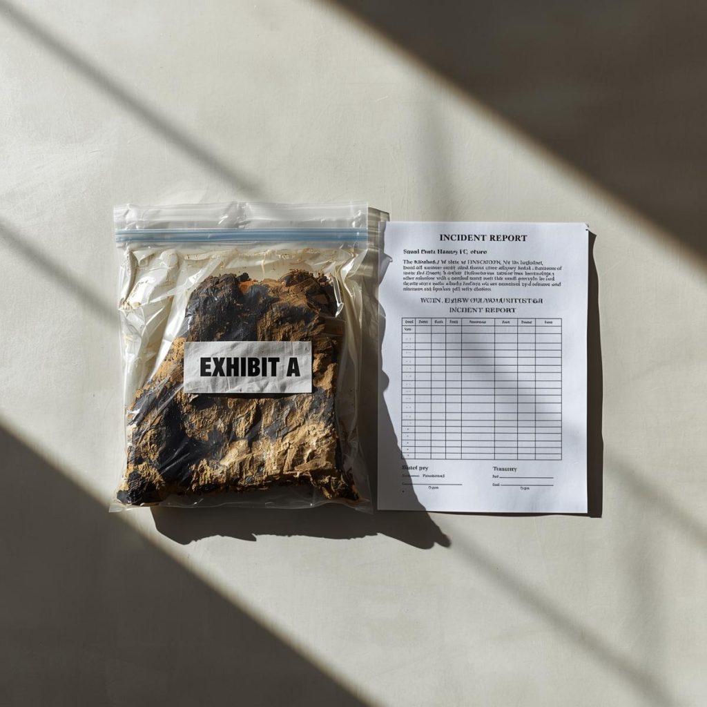 A burned object placed beside a clear evidence bag labeled ‘Exhibit A’ and an incident report form on a neutral desk surface. Crisp lighting, no people.