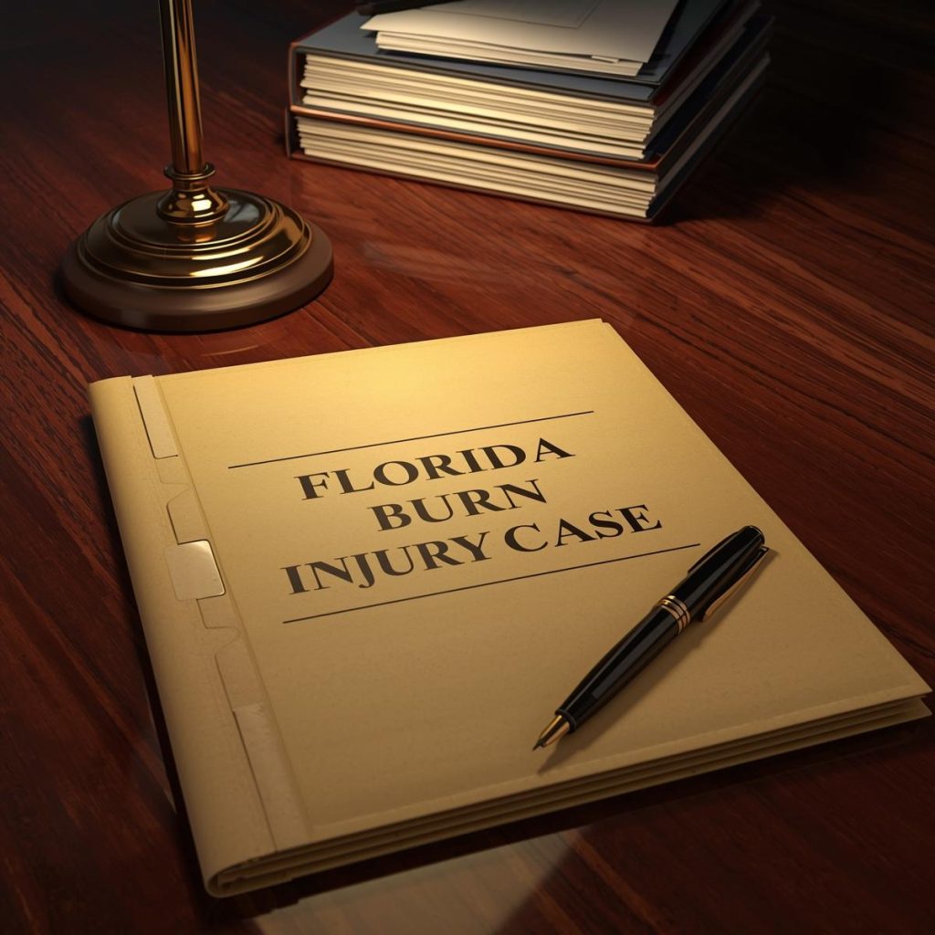 A professional law-office desk with a folder titled ‘Florida Burn Injury Case,’ a pen, and organized documents
