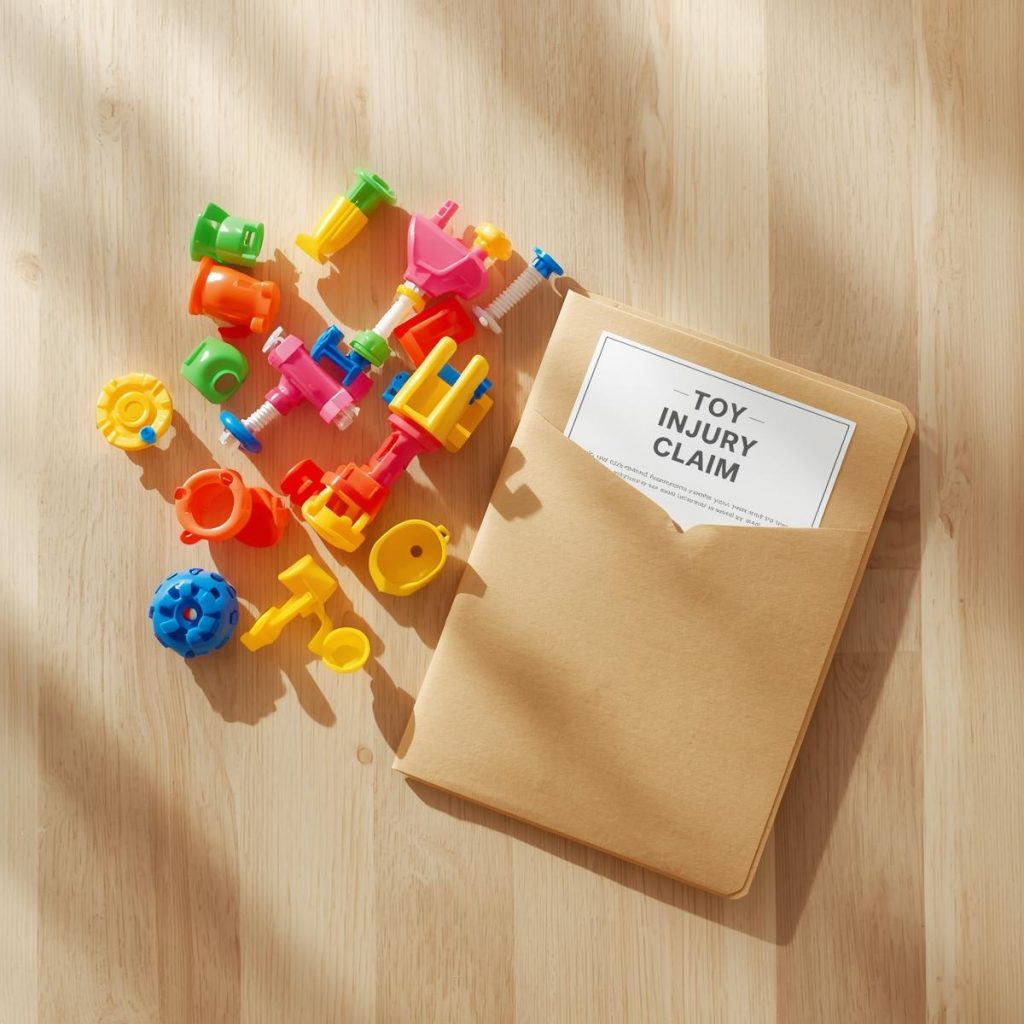 A small toy with detachable parts placed on a clean tabletop beside a folder labeled ‘Toy Injury Claim,’