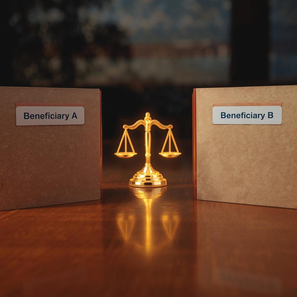 Two life insurance claim folders labeled ‘Beneficiary A’ and ‘Beneficiary B’ facing each other on a clean desk with a glowing scales-of-justice icon between them