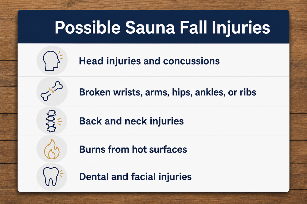 Infographic listing common injuries from sauna falls linked to the Tylo sauna recall, including head injuries and burns.