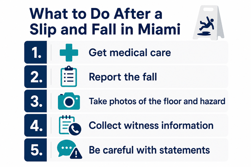 Infographic listing five steps to take after a fall, shared by a Miami slip and fall lawyer