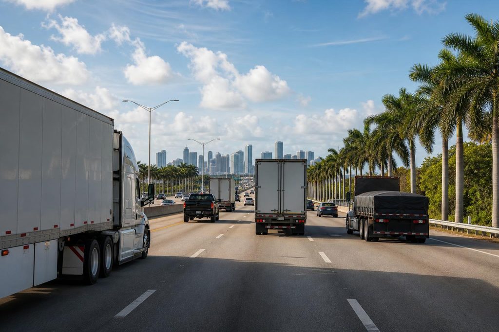 Semi trucks in heavy traffic on I-95, a common setting for cases handled by a West Palm Beach truck accident lawyer.
